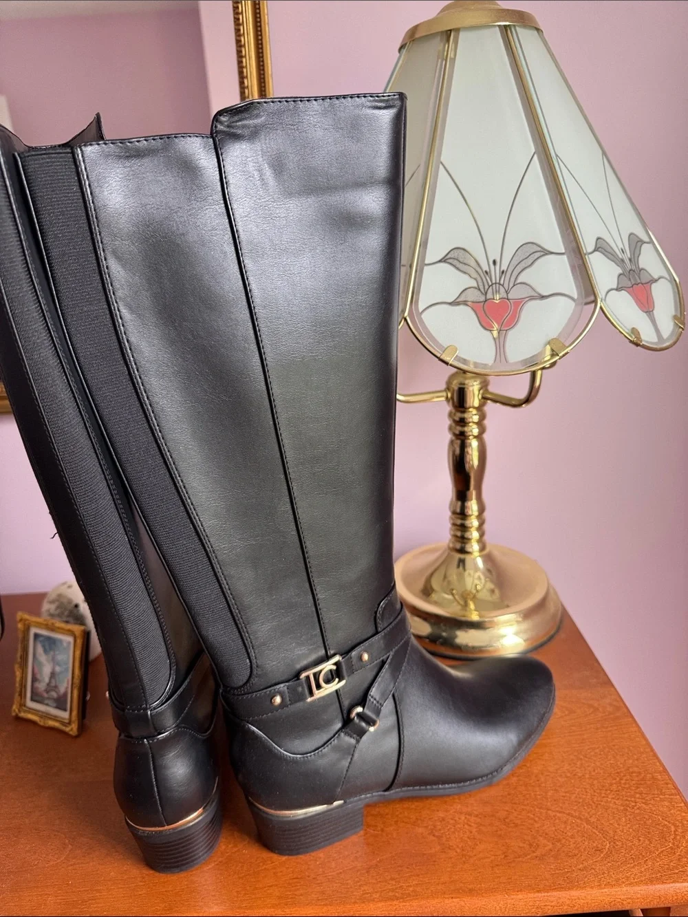NWT Liz Claiborne Black Leather Over-the-Knee Riding Boots with Gold Accent